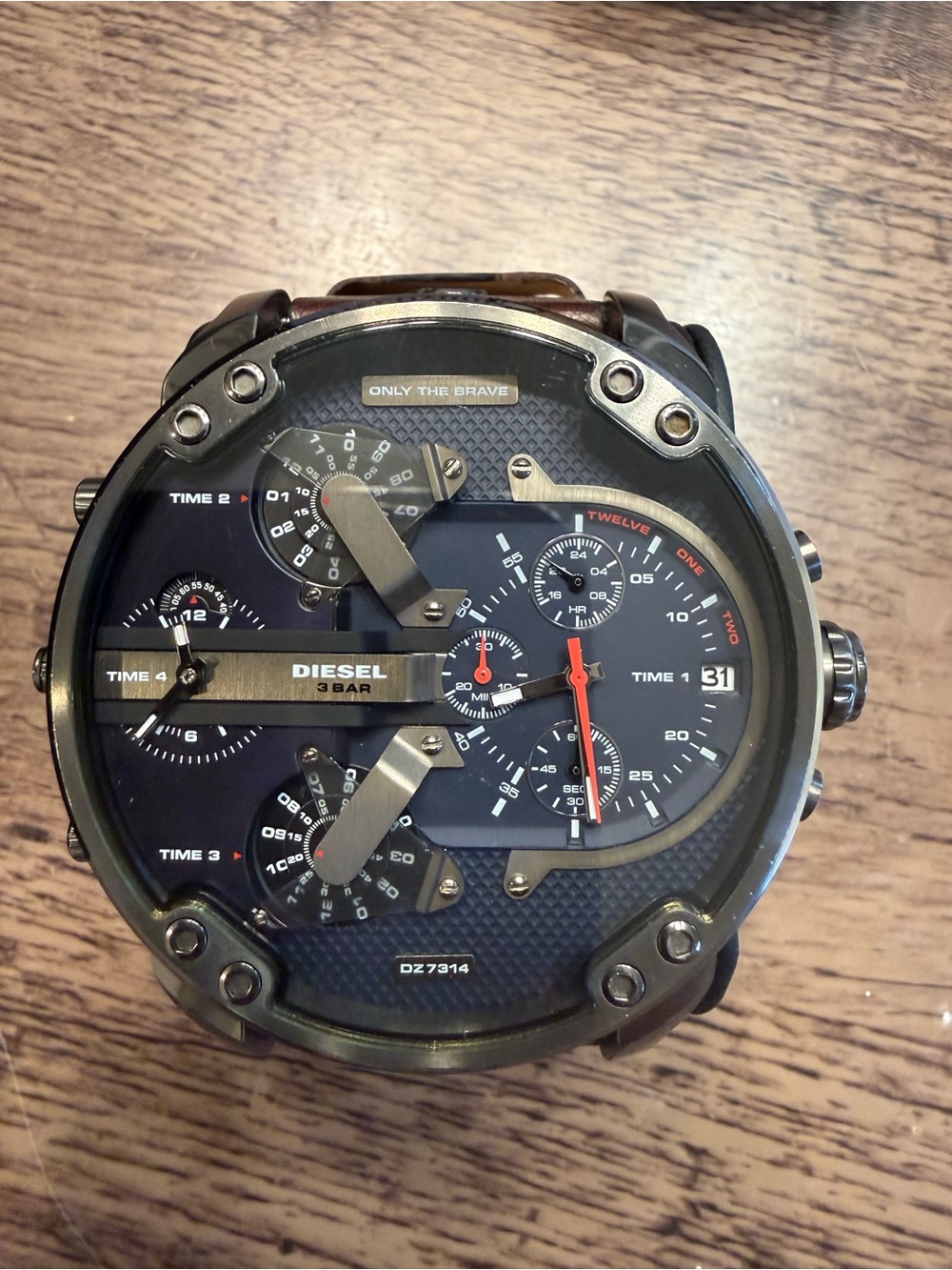 Diesel Genuine Leather Multi-Timezone Chronograph Watch - Blue & Red Accent